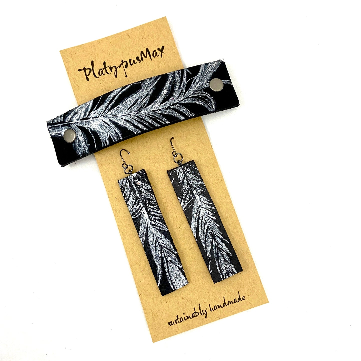 Silver Feather on Black Leather Barrette and Earring Gift Set-0