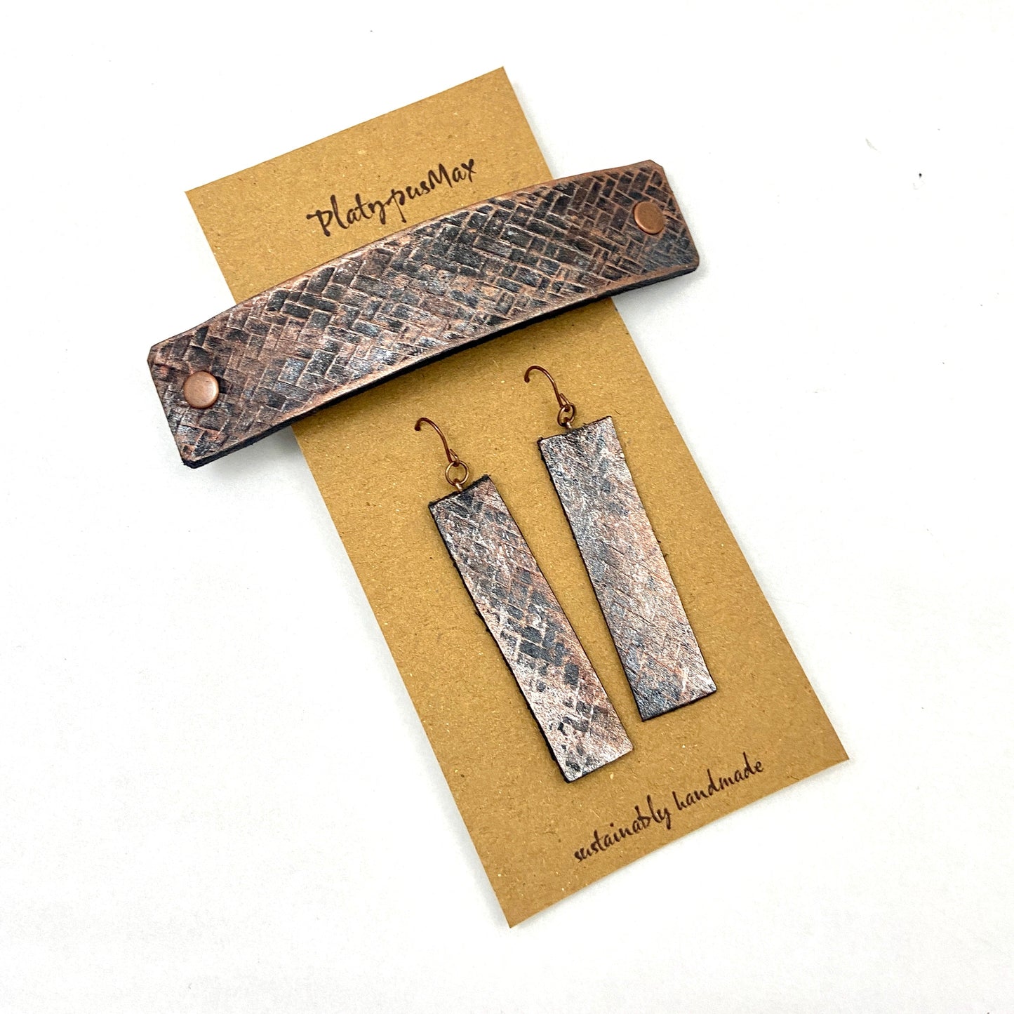 Bronze Weave Textured Barrette and Earring Gift Set-1