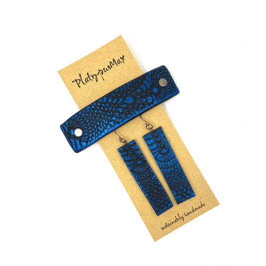 Cobalt Blue & Black Lace Texture Barrette and Earring Gift Set-0